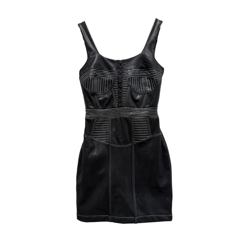 NWT Manière De Voir Black Faux Leather / Slick Corset Mini Dress Contrast Size 6